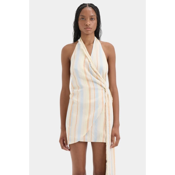 SIR the Label Pernille Wrap Halter Mini Dress in Sommer Stripe | Mini Dresses | Coveti