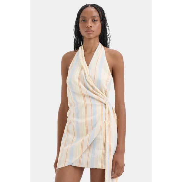 SIR the Label Pernille Wrap Halter Mini Dress in Sommer Stripe | Mini Dresses | Coveti