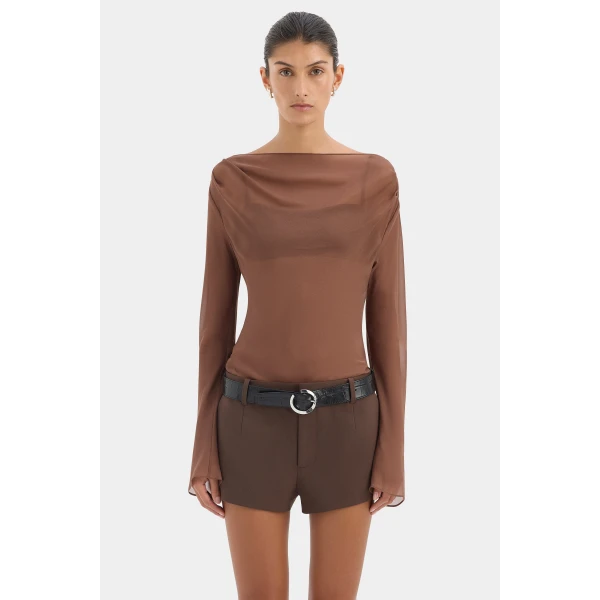SIR the Label Strobe Long Sleeve Cowl Top in Chestnut | Long Sleeve | Coveti