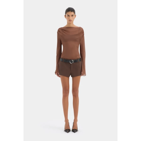 SIR the Label Strobe Long Sleeve Cowl Top in Chestnut | Long Sleeve | Coveti