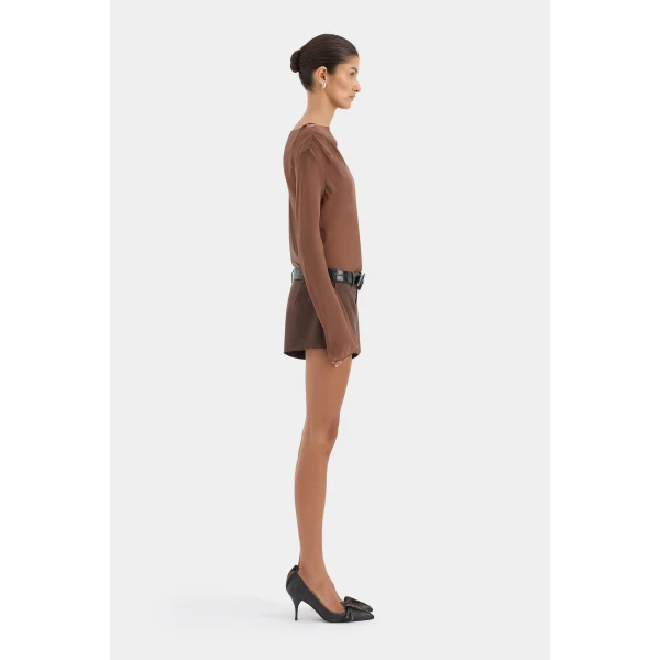 SIR the Label Strobe Long Sleeve Cowl Top in Chestnut | Long Sleeve | Coveti