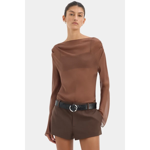 SIR the Label Strobe Long Sleeve Cowl Top in Chestnut | Long Sleeve | Coveti