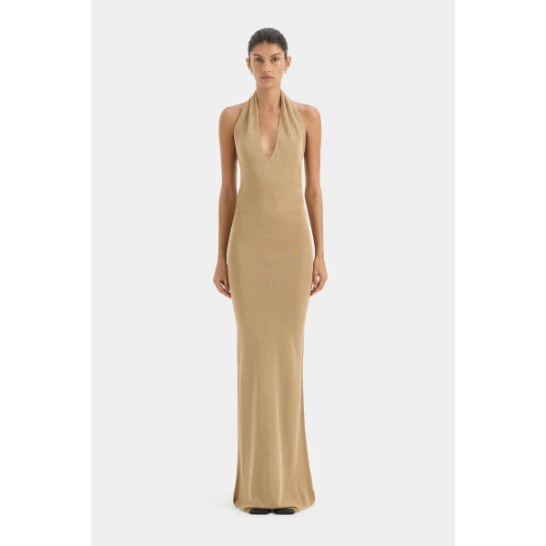 SIR the Label Viroa Knit Maxi Dress in Gold Metallic | Maxi Dresses | Coveti
