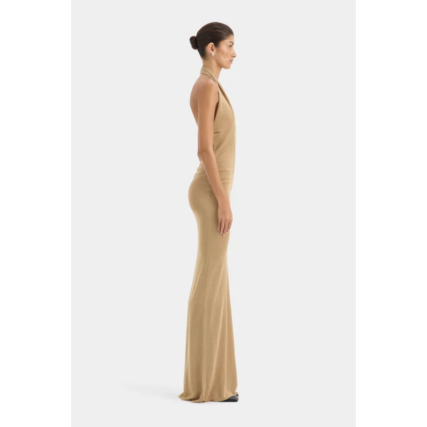 SIR the Label Viroa Knit Maxi Dress in Gold Metallic | Maxi Dresses | Coveti