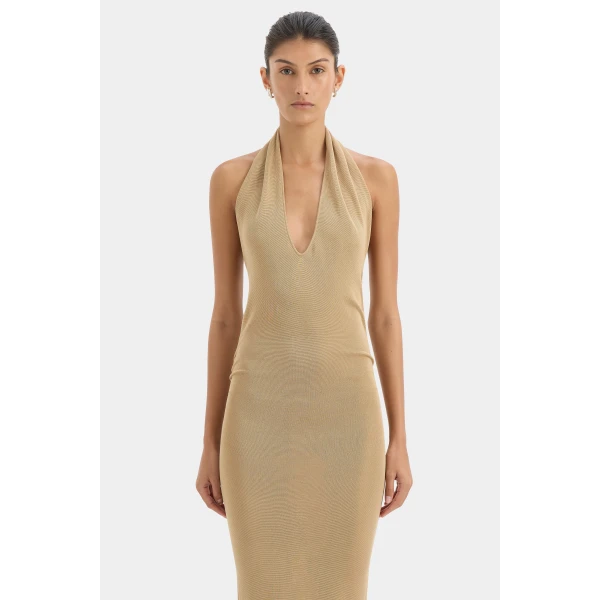 SIR the Label Viroa Knit Maxi Dress in Gold Metallic | Maxi Dresses | Coveti