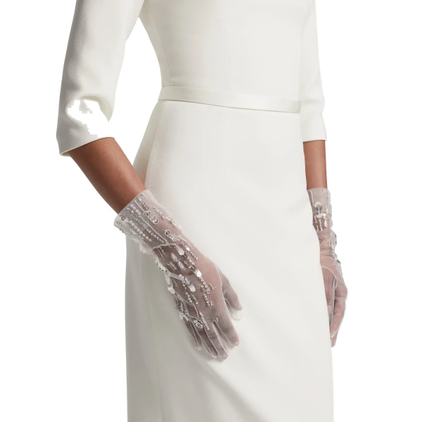 Safiyaa Deja Gloves in Ivory with Crystal Embellishment | Gloves | Coveti