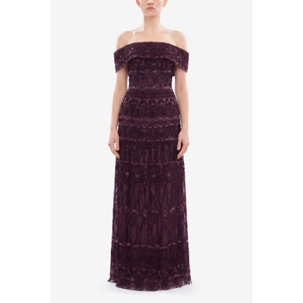 Saiid Kobeisy Beaded Tulle Dress in Italian Plum, view 2