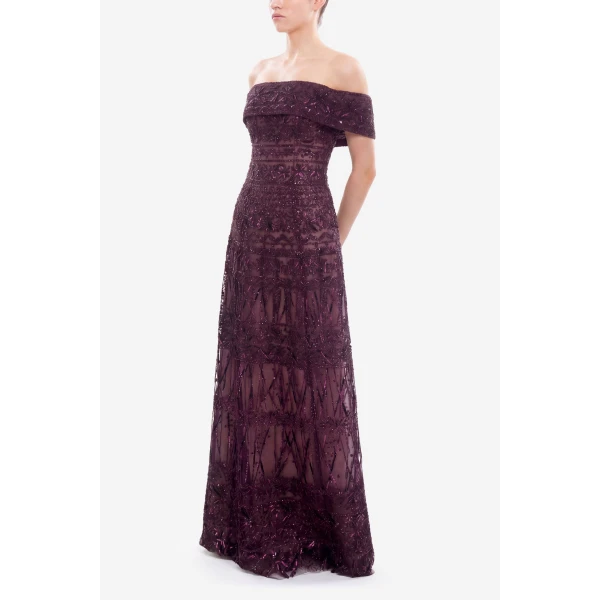 Saiid Kobeisy Beaded Tulle Dress in Italian Plum, view 3