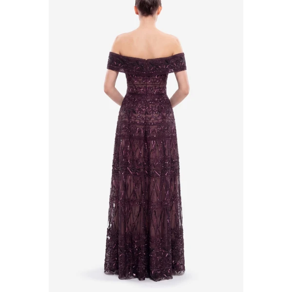 Saiid Kobeisy Beaded Tulle Dress in Italian Plum, view 4