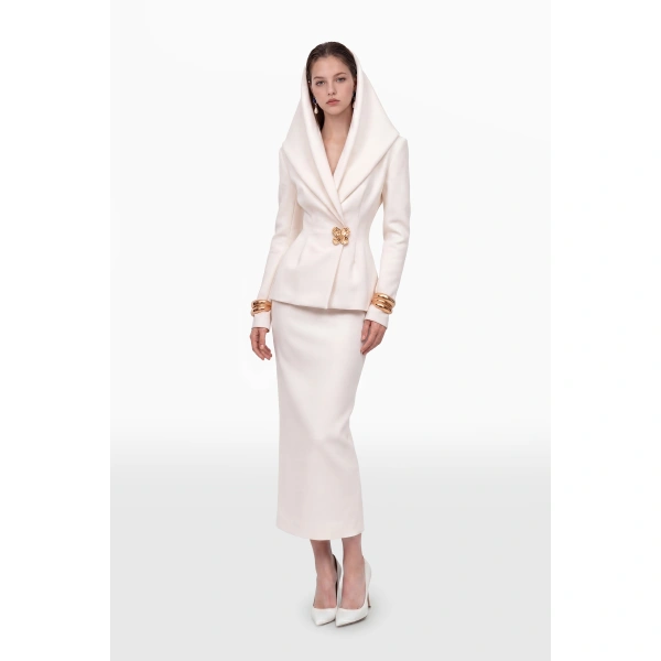 Saiid Kobeisy Crepe Sculpted Hooded Jacket in Ivory, view 2