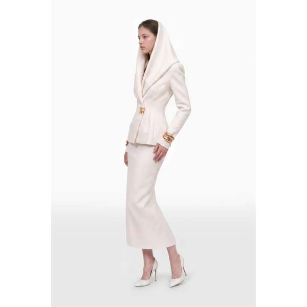 Saiid Kobeisy Crepe Straight Midi Skirt in Ivory, view 2