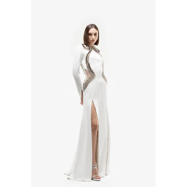 Saiid Kobeisy Embellished Long Dress in Ivory, view 2
