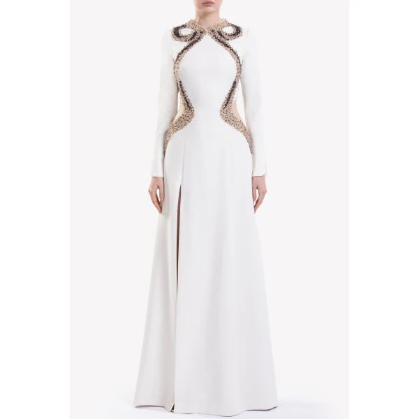 Saiid Kobeisy Embellished Long Dress in Ivory, view 3