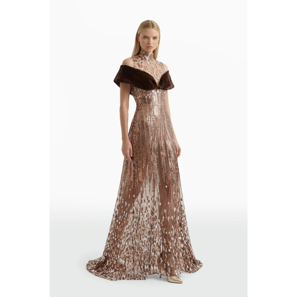 Saiid Kobeisy Embroidered Tulle Dress with Velvet Detail in Sequoia, view 2