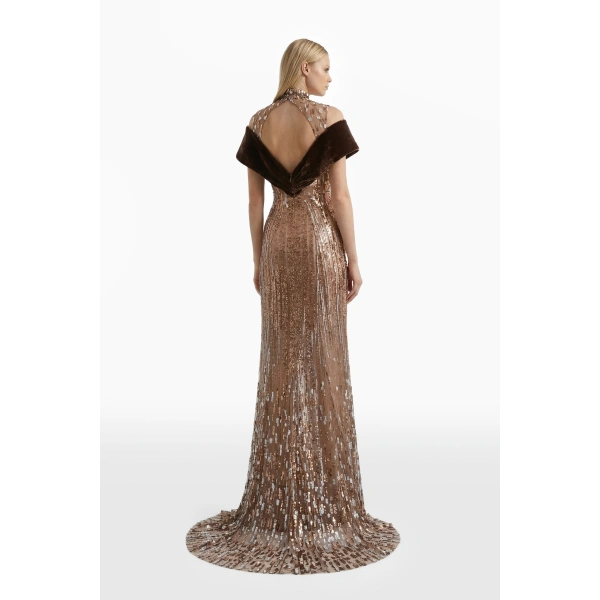 Saiid Kobeisy Embroidered Tulle Dress with Velvet Detail in Sequoia, view 3