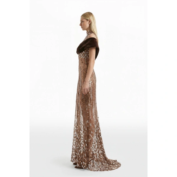 Saiid Kobeisy Embroidered Tulle Dress with Velvet Detail in Sequoia, view 4