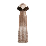 Saiid Kobeisy Embroidered Tulle Dress with Velvet Detail in Sequoia