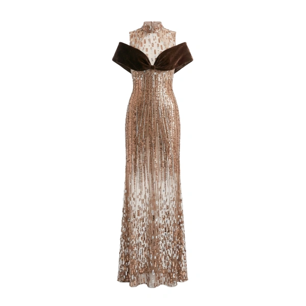 Embroidered Tulle Dress with Velvet Detail in Sequoia