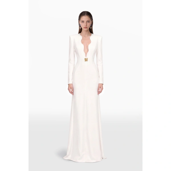 Saiid Kobeisy Fitted Dress with Scalloped Neckline in Off-White, view 2