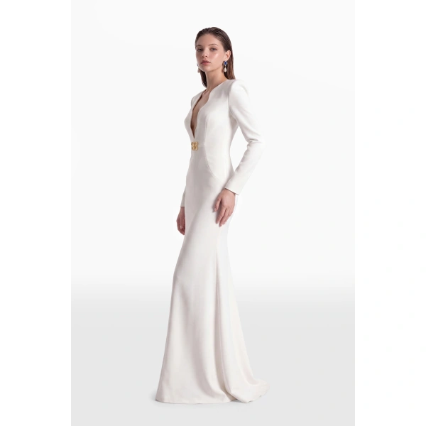Saiid Kobeisy Fitted Dress with Scalloped Neckline in Off-White, view 3