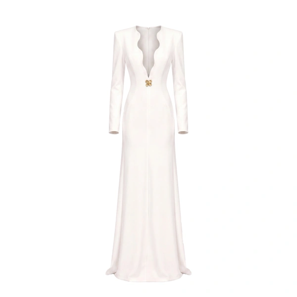 Fitted Dress with Scalloped Neckline in Off-White