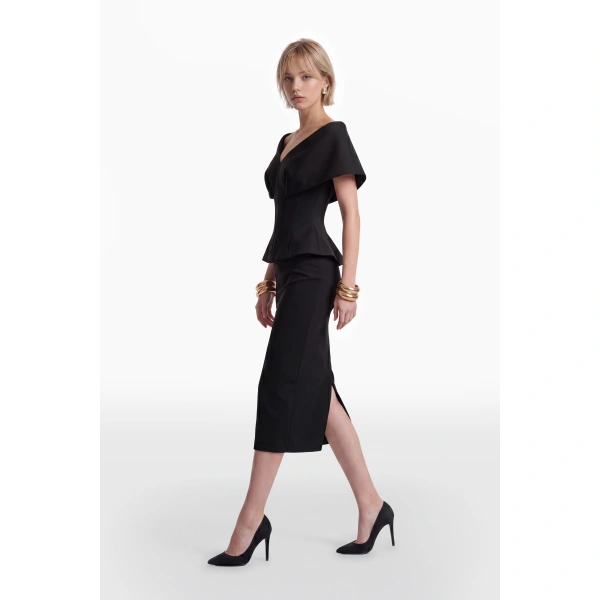 Saiid Kobeisy Gabardine Midi Pencil Skirt in Jet Black, view 3