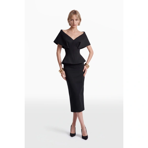 Saiid Kobeisy Gabardine Midi Pencil Skirt in Jet Black, view 4