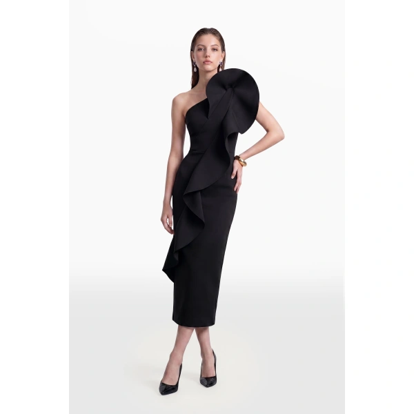 Saiid Kobeisy One-Shoulder Ruffle Dress in Jet Black, view 2