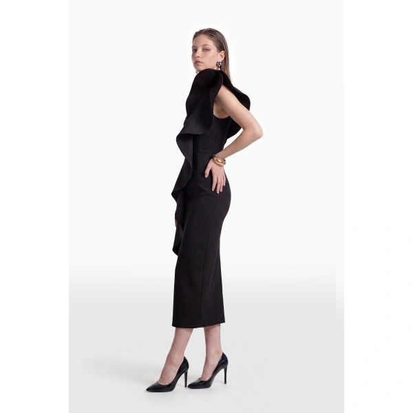 Saiid Kobeisy One-Shoulder Ruffle Dress in Jet Black, view 3