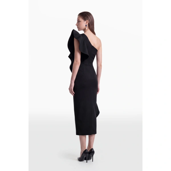 Saiid Kobeisy One-Shoulder Ruffle Dress in Jet Black, view 4