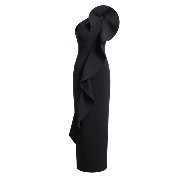 One-Shoulder Ruffle Dress in Jet Black