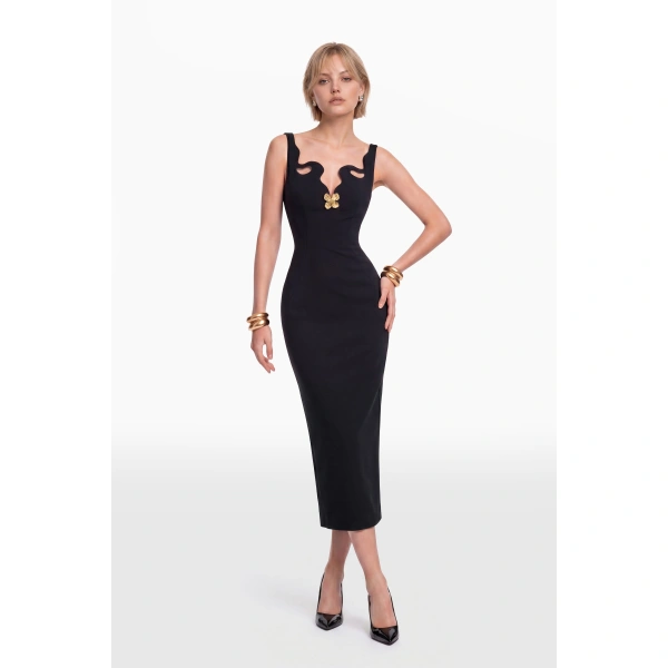 Saiid Kobeisy Perforated Neckline Dress in Jet Black, view 2