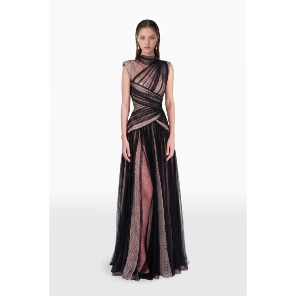 Saiid Kobeisy Polka Dot Tulle Evening Dress in Jet Black and Nude, view 2