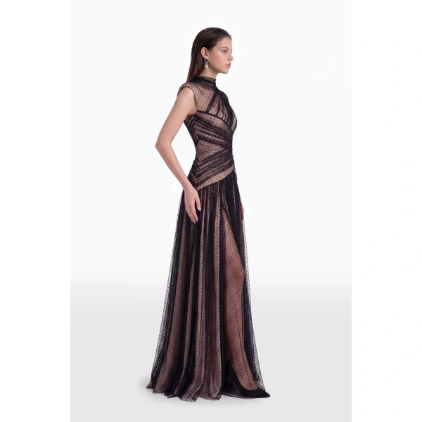 Saiid Kobeisy Polka Dot Tulle Evening Dress in Jet Black and Nude, view 3