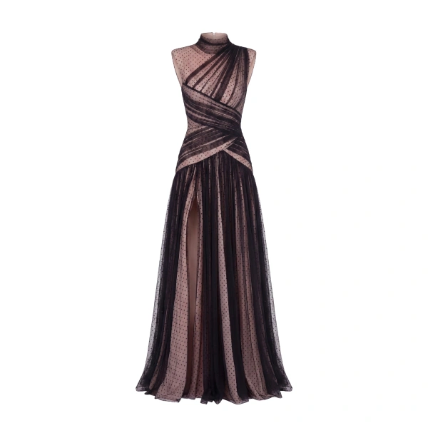 Polka Dot Tulle Evening Dress in Jet Black and Nude