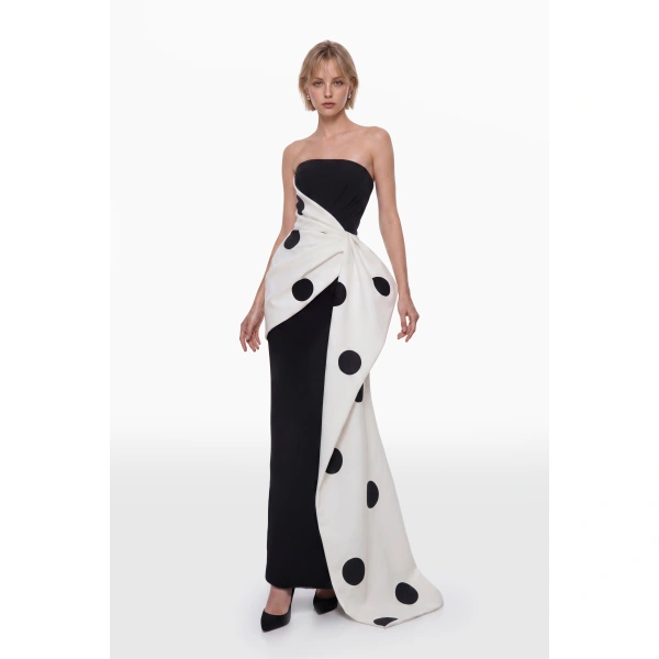 Saiid Kobeisy Polka Drape Column Dress in Jet Black and Ivory, view 2
