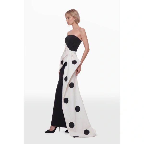 Saiid Kobeisy Polka Drape Column Dress in Jet Black and Ivory, view 4