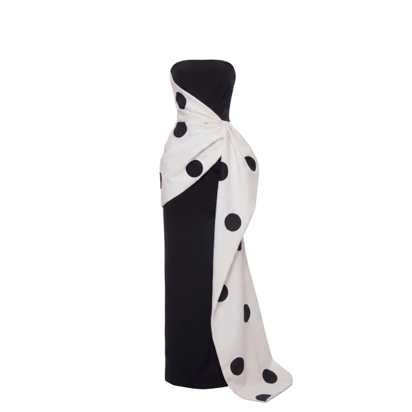 Polka Drape Column Dress in Jet Black and Ivory