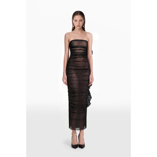 Saiid Kobeisy Sheer Ruched Midi Dress in Jet Black, view 2