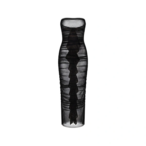 Sheer Ruched Midi Dress in Jet Black