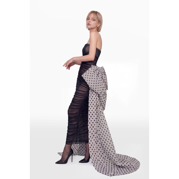Saiid Kobeisy Strapless Bow Dress in Jet Black Polka Dot, view 3