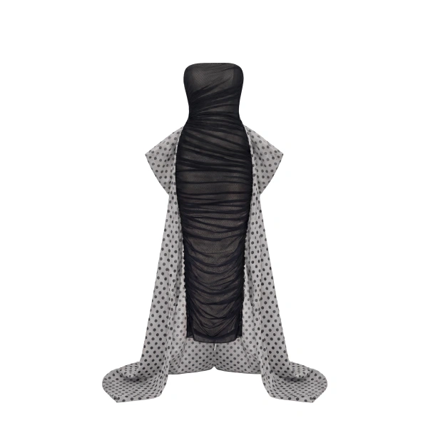Strapless Bow Dress in Jet Black Polka Dot