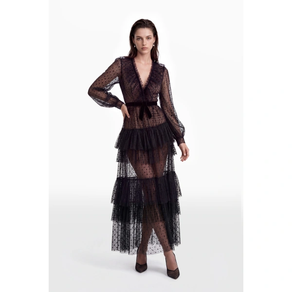 Saiid Kobeisy Tiered Dotted Tulle Dress in Jet Black, view 2
