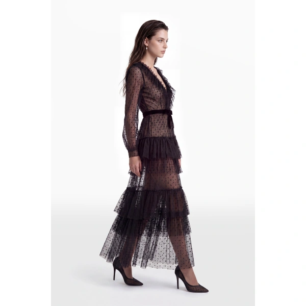 Saiid Kobeisy Tiered Dotted Tulle Dress in Jet Black, view 3