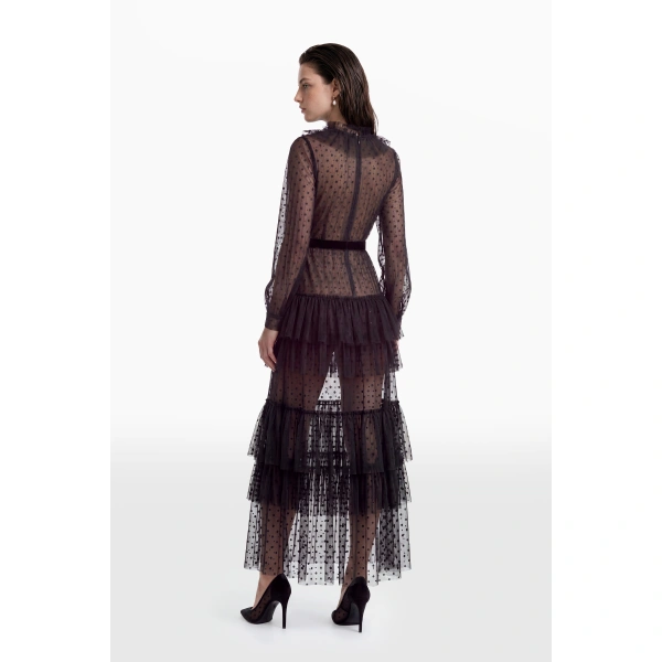 Saiid Kobeisy Tiered Dotted Tulle Dress in Jet Black, view 4