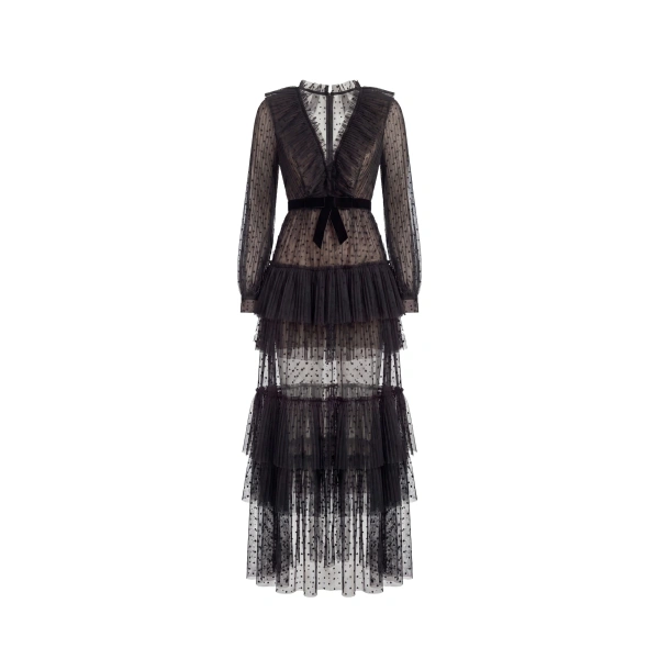 Tiered Dotted Tulle Dress in Jet Black