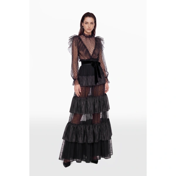 Saiid Kobeisy Tiered Tulle Dress in Jet Black, view 2