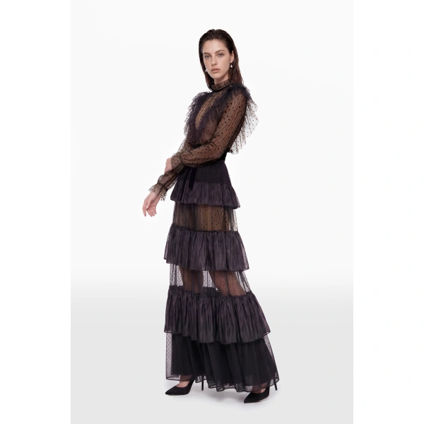 Saiid Kobeisy Tiered Tulle Dress in Jet Black, view 3
