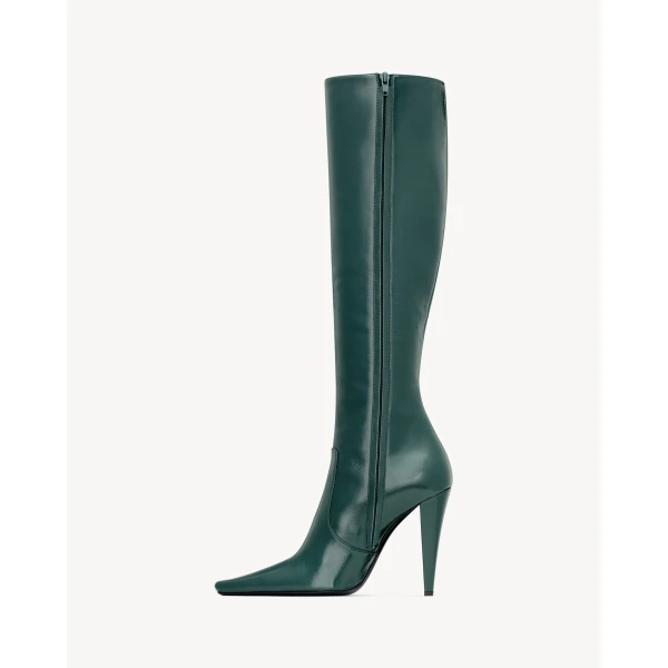 Green Saint Laurent 77 Boots in Smooth Leather, Green, view 3 | Boots