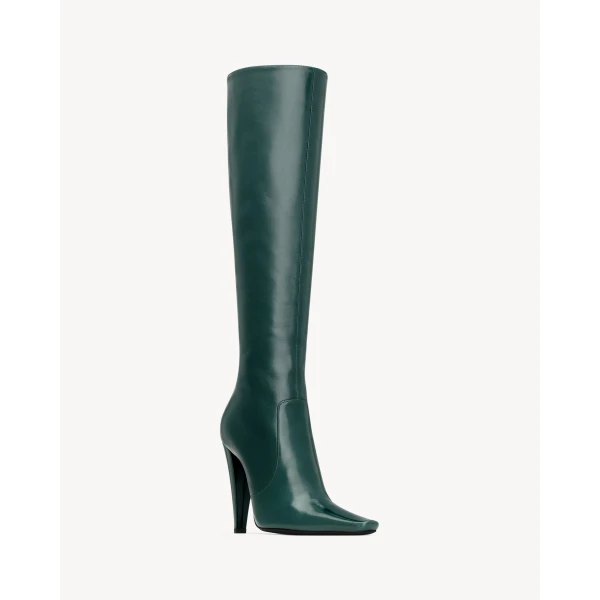 Green Saint Laurent 77 Boots in Smooth Leather, Green, view 4 | Boots